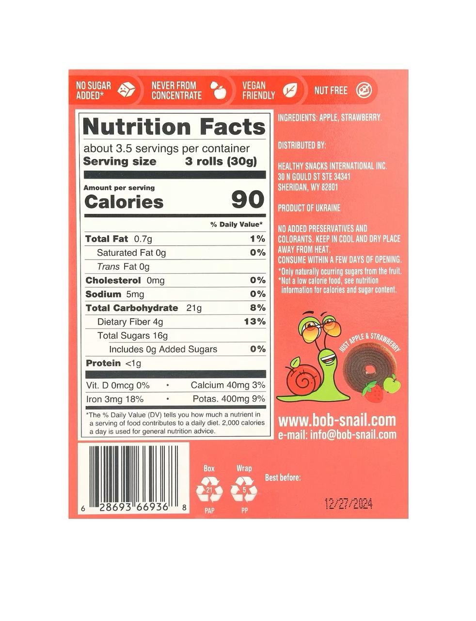 Bob Snail Fruit Rolls 🍏🍓(2 pieces)